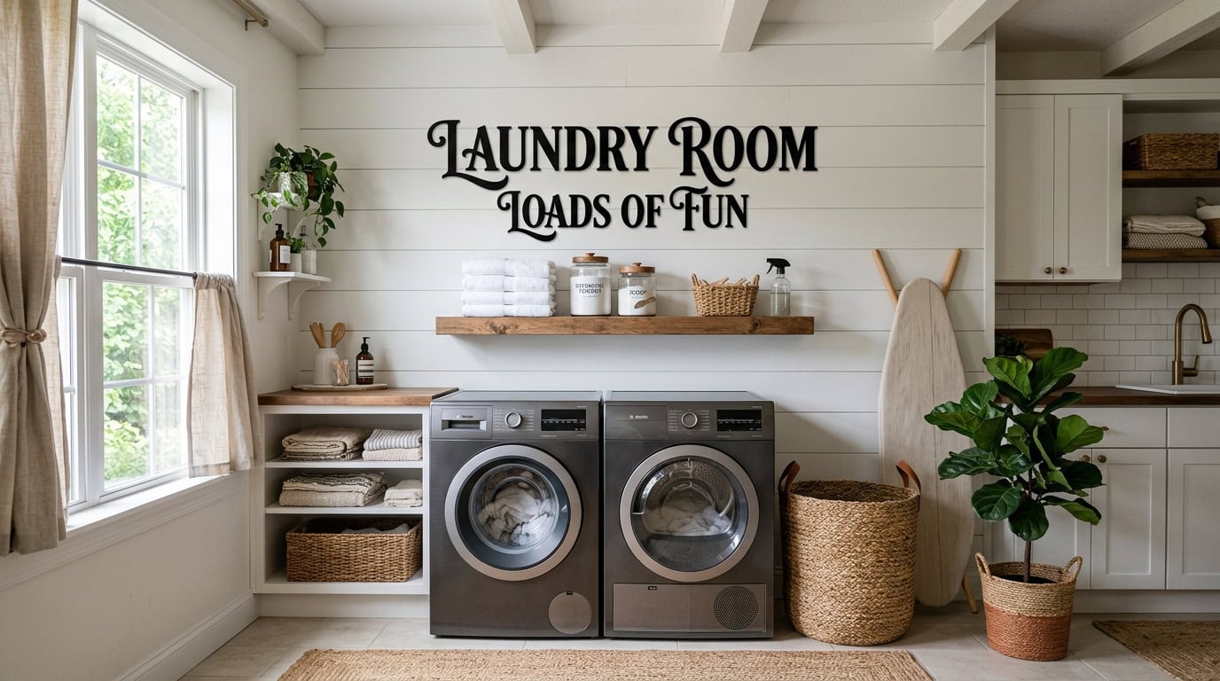 Bright laundry room with front-loading washer and dryer, white walls, and natural light.