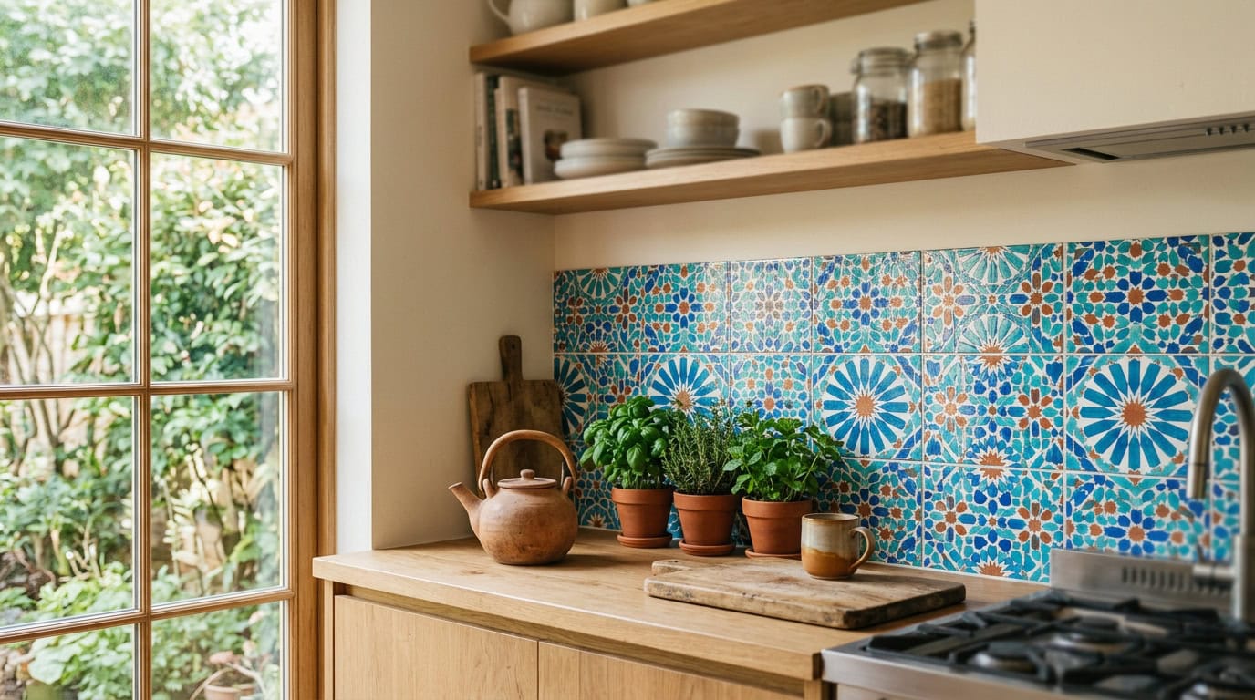Bright kitchen with blue patterned tile backsplash and potted plants on wooden counter.