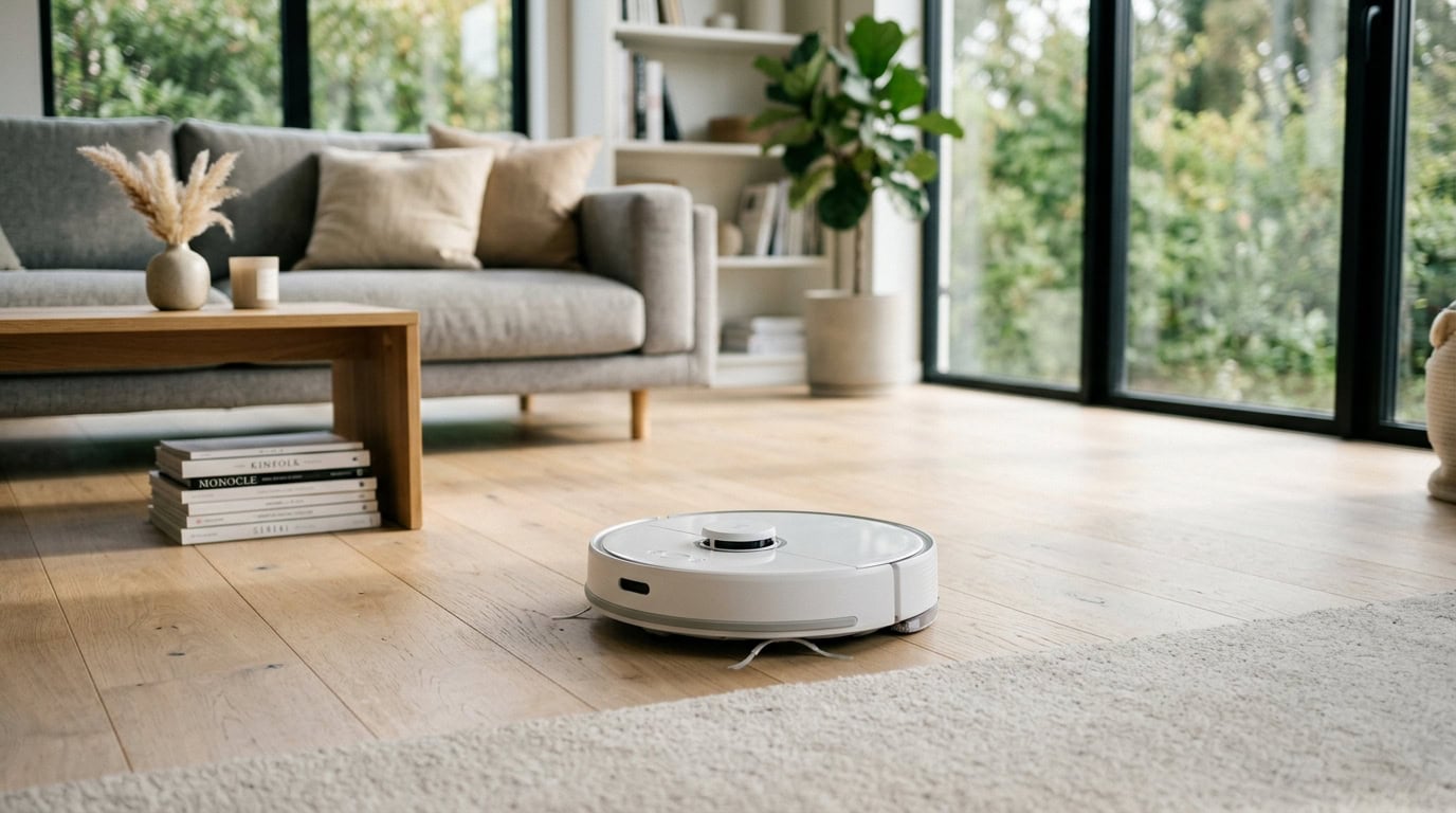 Robotic vacuum cleaner in a stylish living room with large windows and natural light.