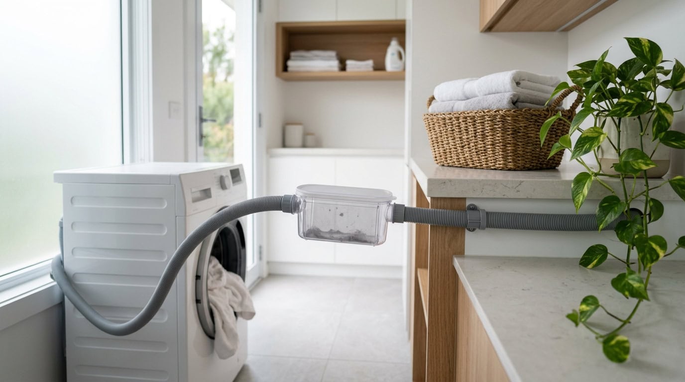 Bright laundry room with washer, dryer, and green plant for a fresh look.