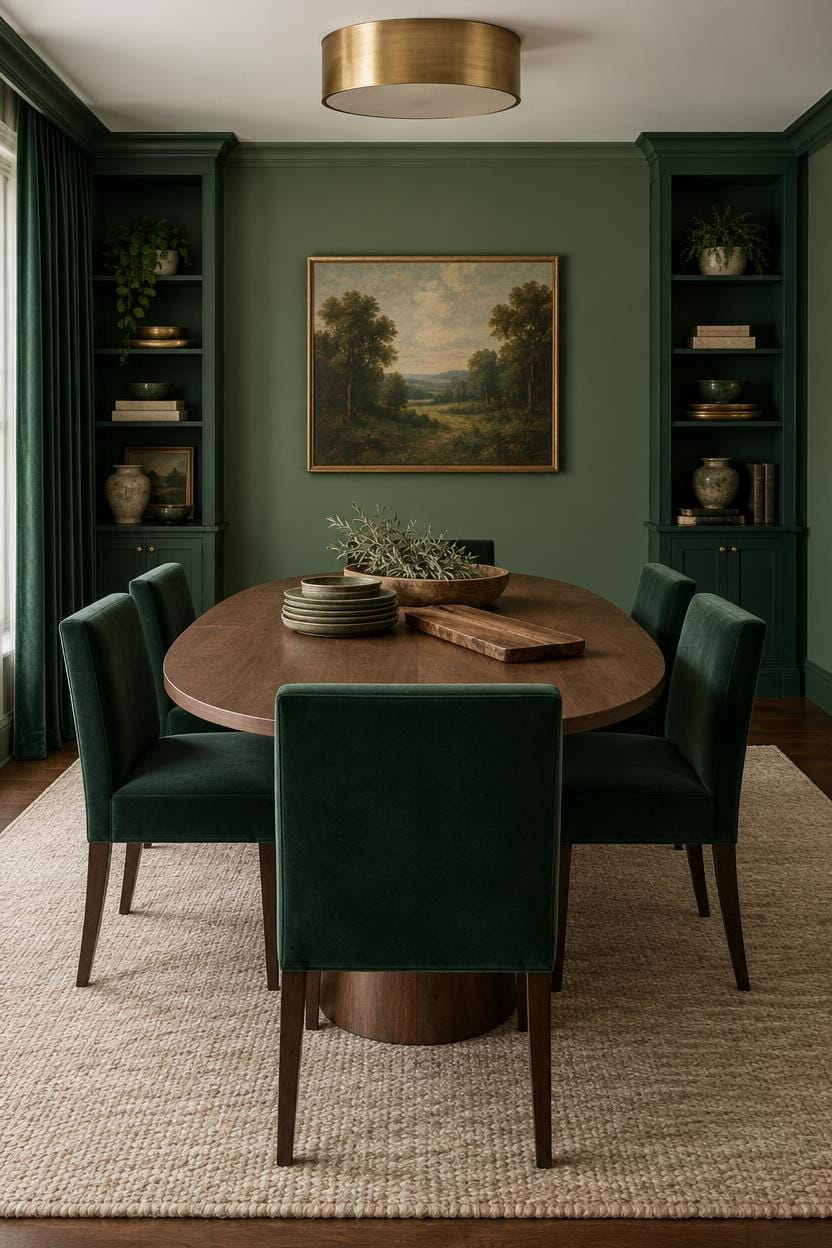Stylish green dining room with round table and built-in bookshelves.