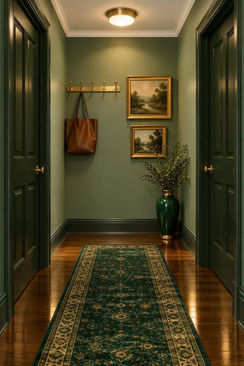 Stylish green hallway with artwork, coat hooks, and a potted plant.