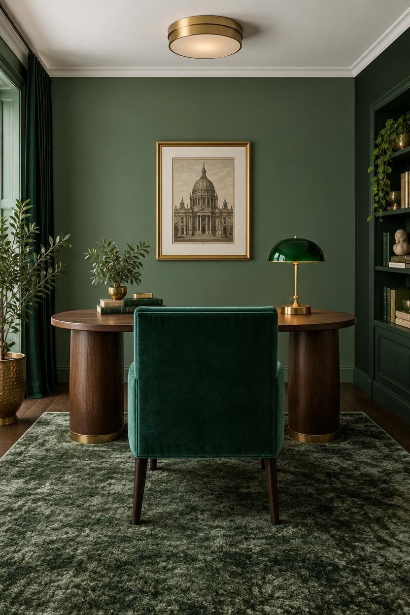 Stylish green office with desk, chair, and framed artwork on wall.
