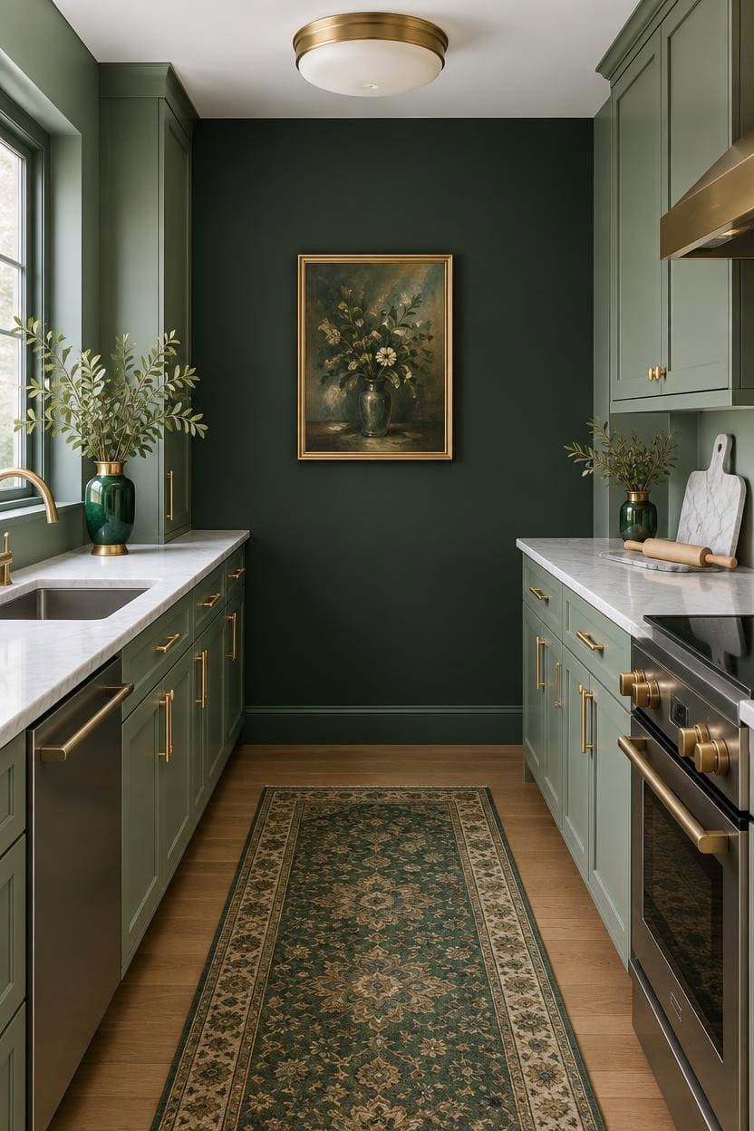 Stylish green kitchen with gold hardware, white countertops, and natural light.