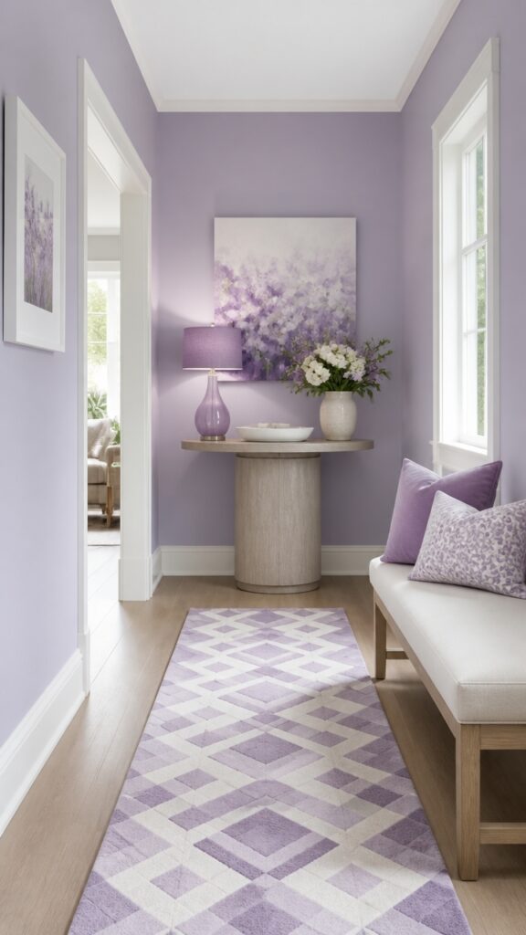 What a Purple and White Hallway Promises Before the Rest of the House Opens Up