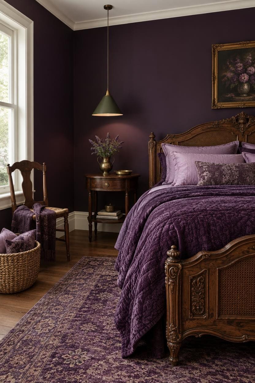 Luxurious bedroom with purple walls, antique furniture, and cozy bedding.