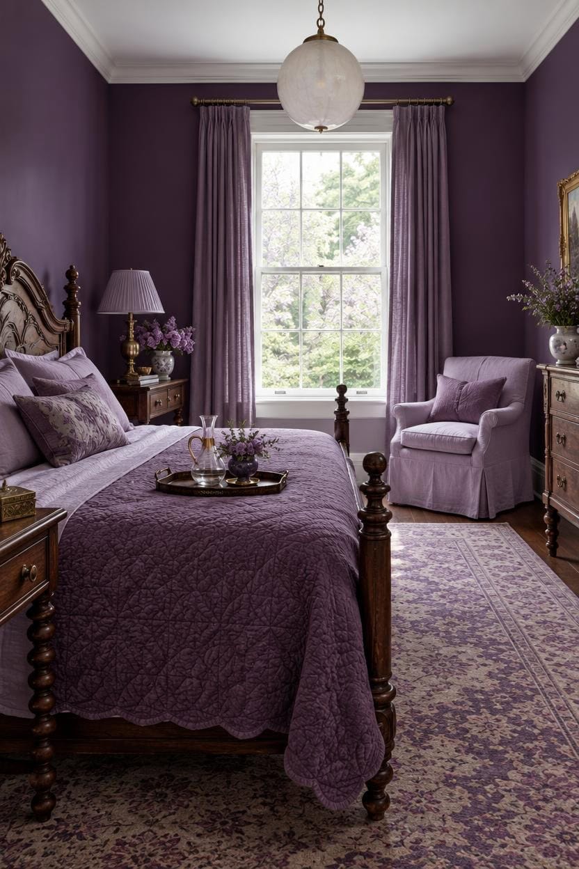 Cozy bedroom with purple walls, vintage furniture, and large window with curtains.