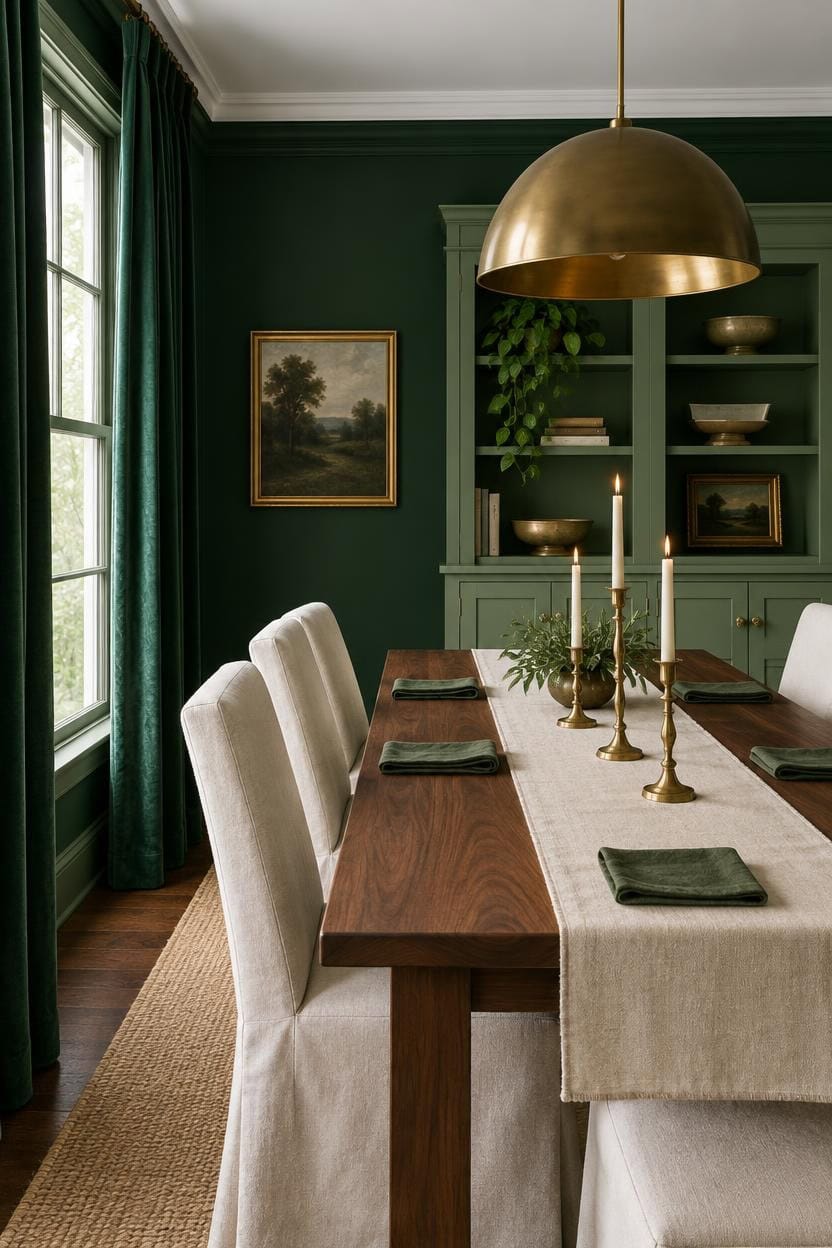 Stylish dining room with green walls, beige chairs, and gold chandelier.
