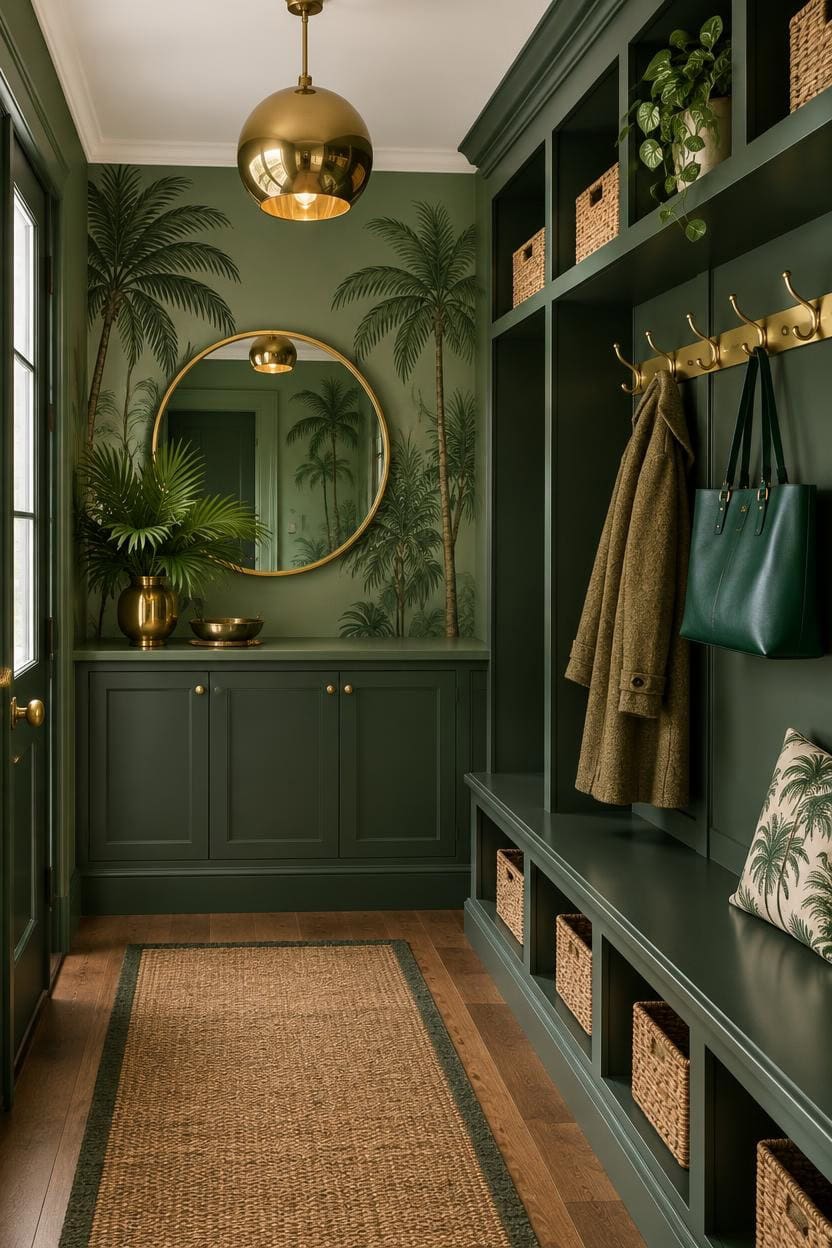 Stylish green mudroom with palm wall art, mirror, and storage bench.