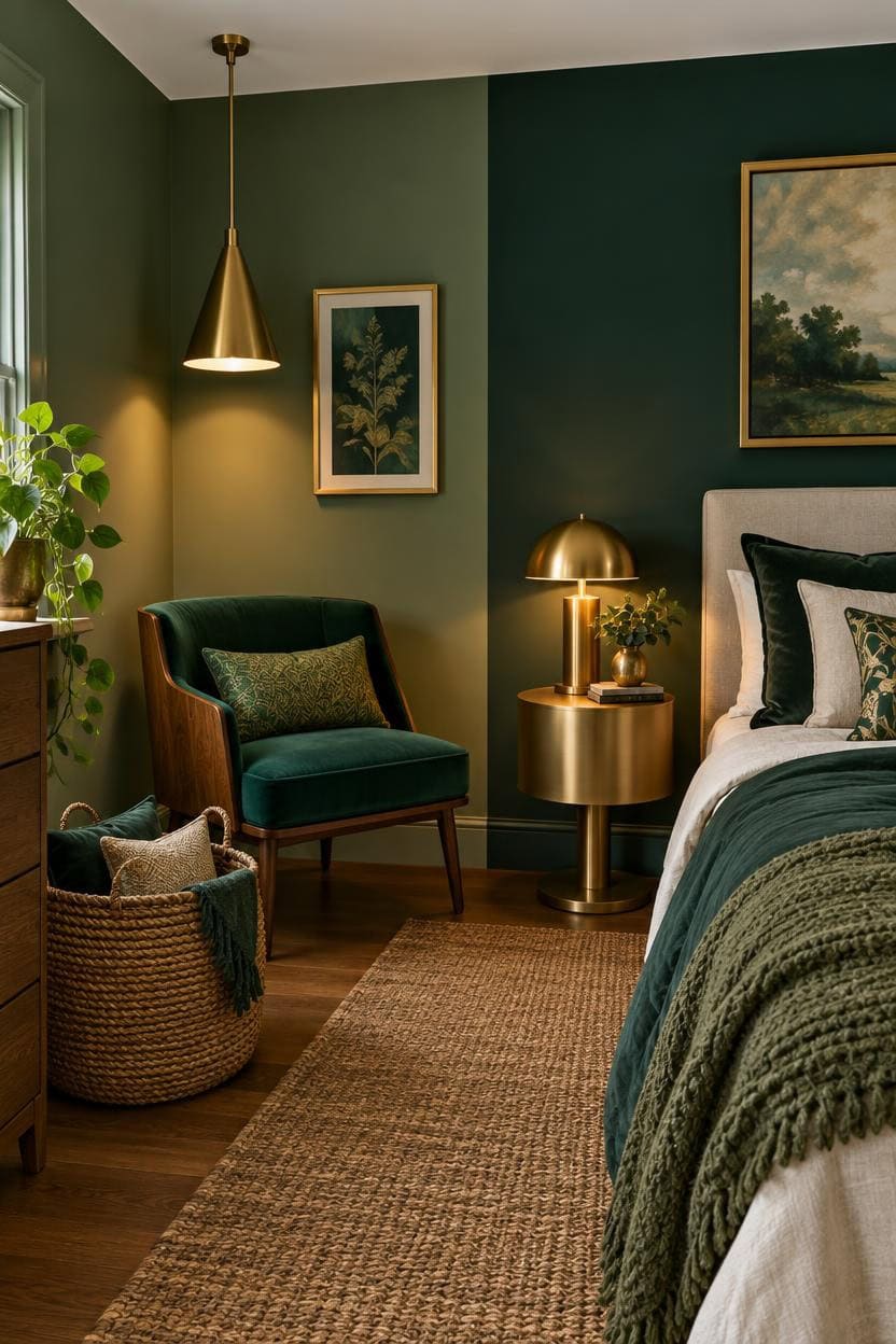 Elegant bedroom with green walls, gold accents, and cozy decor.