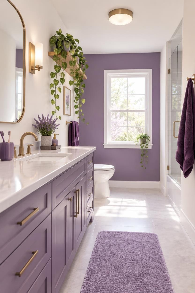 Modern bathroom with purple accents, large window, and elegant decor.