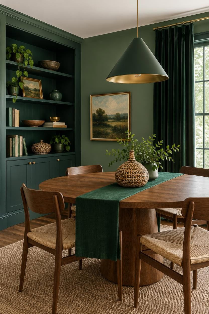 Stylish dining room with green walls, wooden table, and natural light.