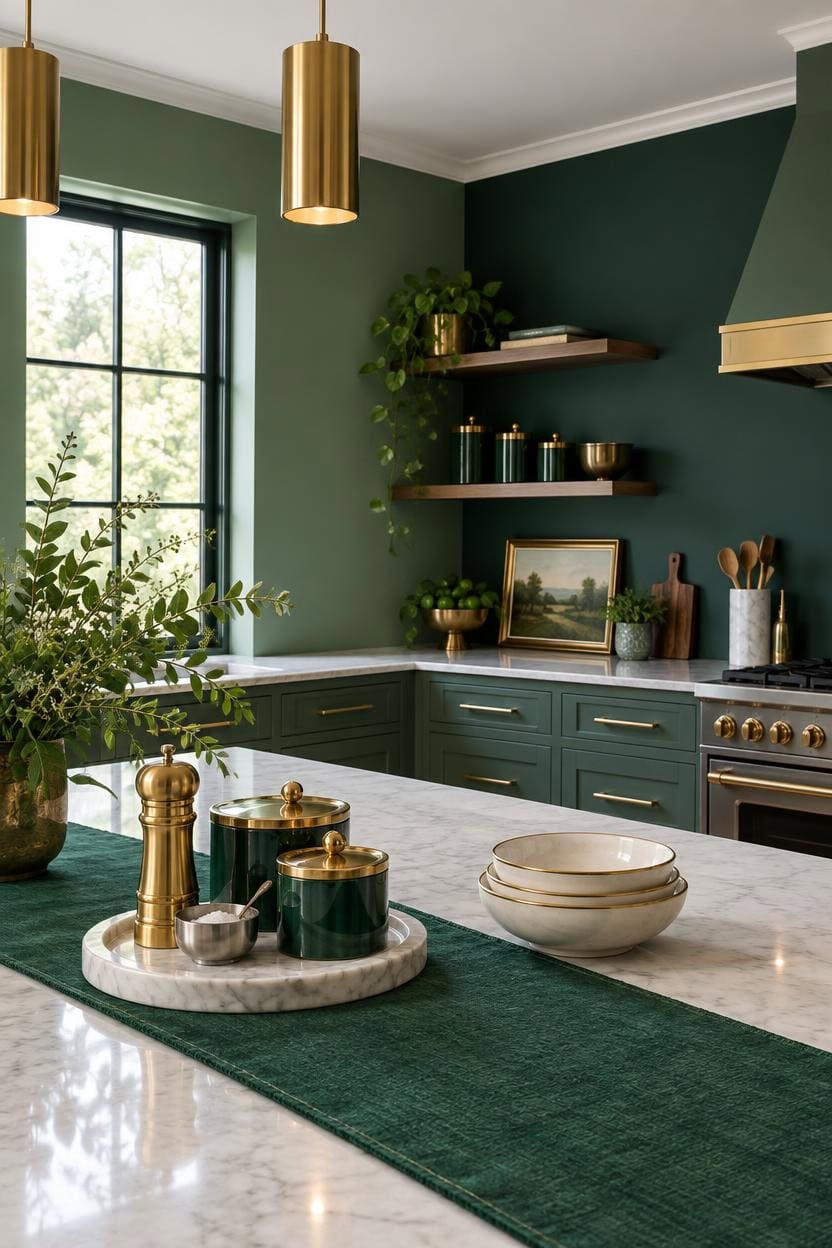 Stylish green kitchen with gold fixtures, open shelves, and marble countertop.