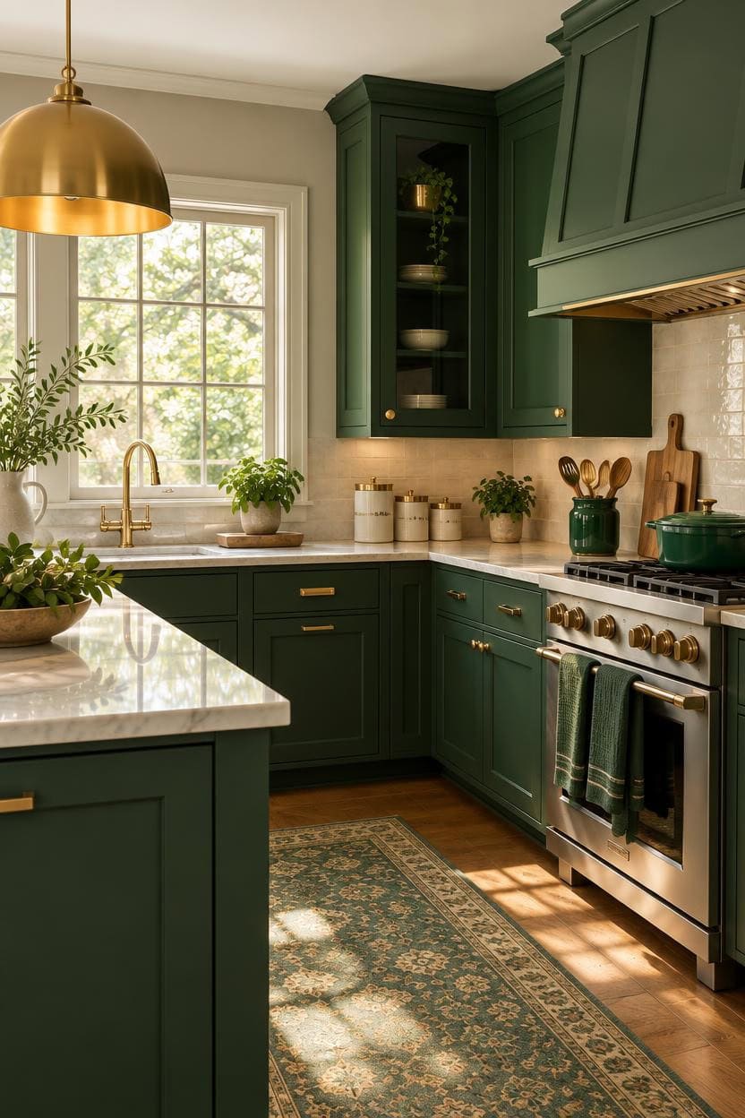 Stylish green kitchen with gold accents and natural light at Apartment ABC.