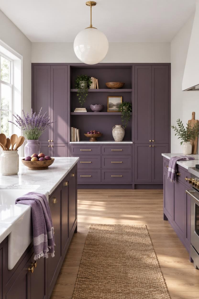 Stylish purple kitchen with open shelving, marble countertops, and natural light.