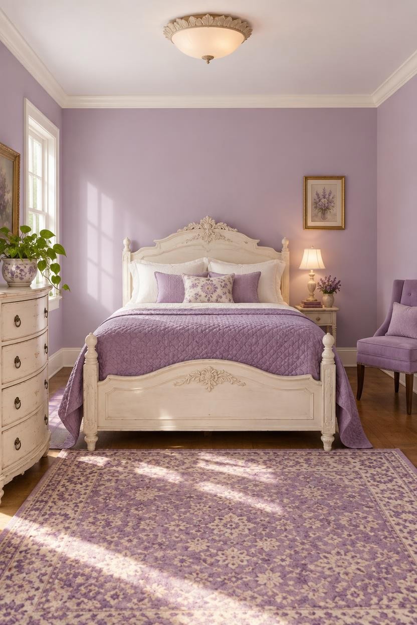 Lavender bedroom with vintage furniture, purple walls, and soft lighting.