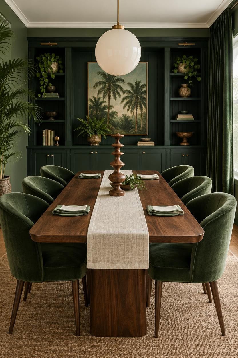 Stylish dining room with green chairs, dark wood table, and tropical artwork.