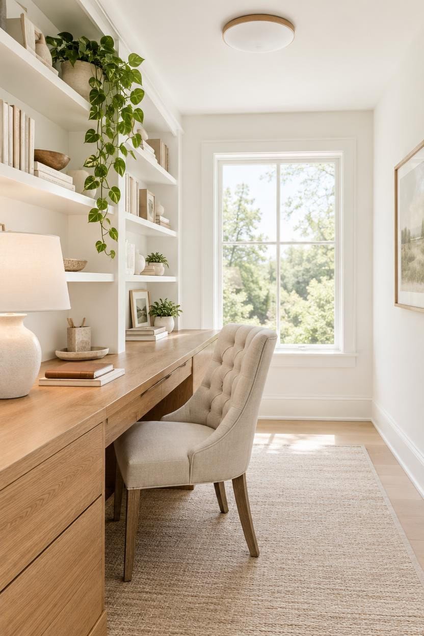 white and wood desk vignette