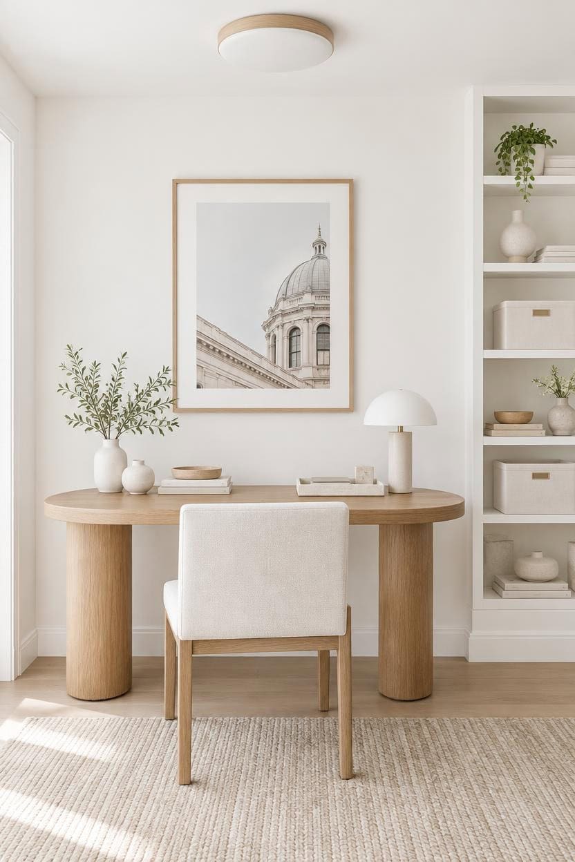 white and wood serene workspace